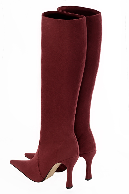 Burgundy red women's feminine knee-high boots. Pointed toe. Very high spool heels. Made to measure. Rear view - Florence KOOIJMAN
